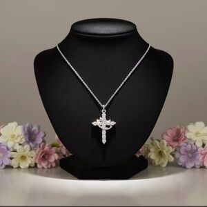 Silver Tone Cross Necklace with Crown & Rhinestones